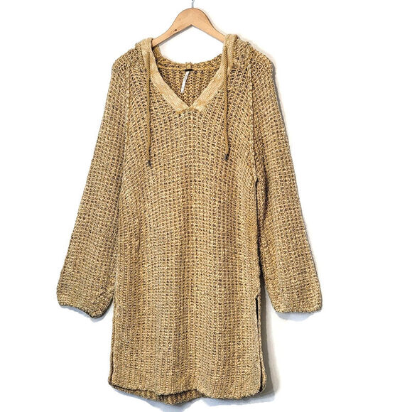 Free People Chunky Knit Crochet Hoodie Long Tunic Pullover Sweater Size M - Picture 16 of 16